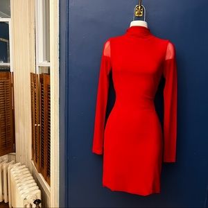 Tiger Mist Red Bodycon Long Sleeve Mini Dress w Transparent mesh sleeves